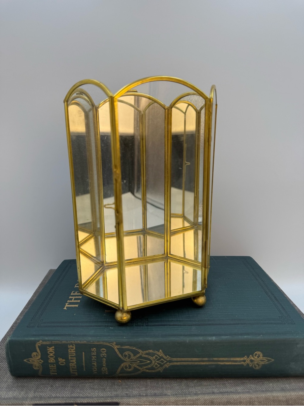 Vintage MCM BRASS MIRROR GLASS DISPLAY CASE HEXAGON HINGED DOOR 7x5